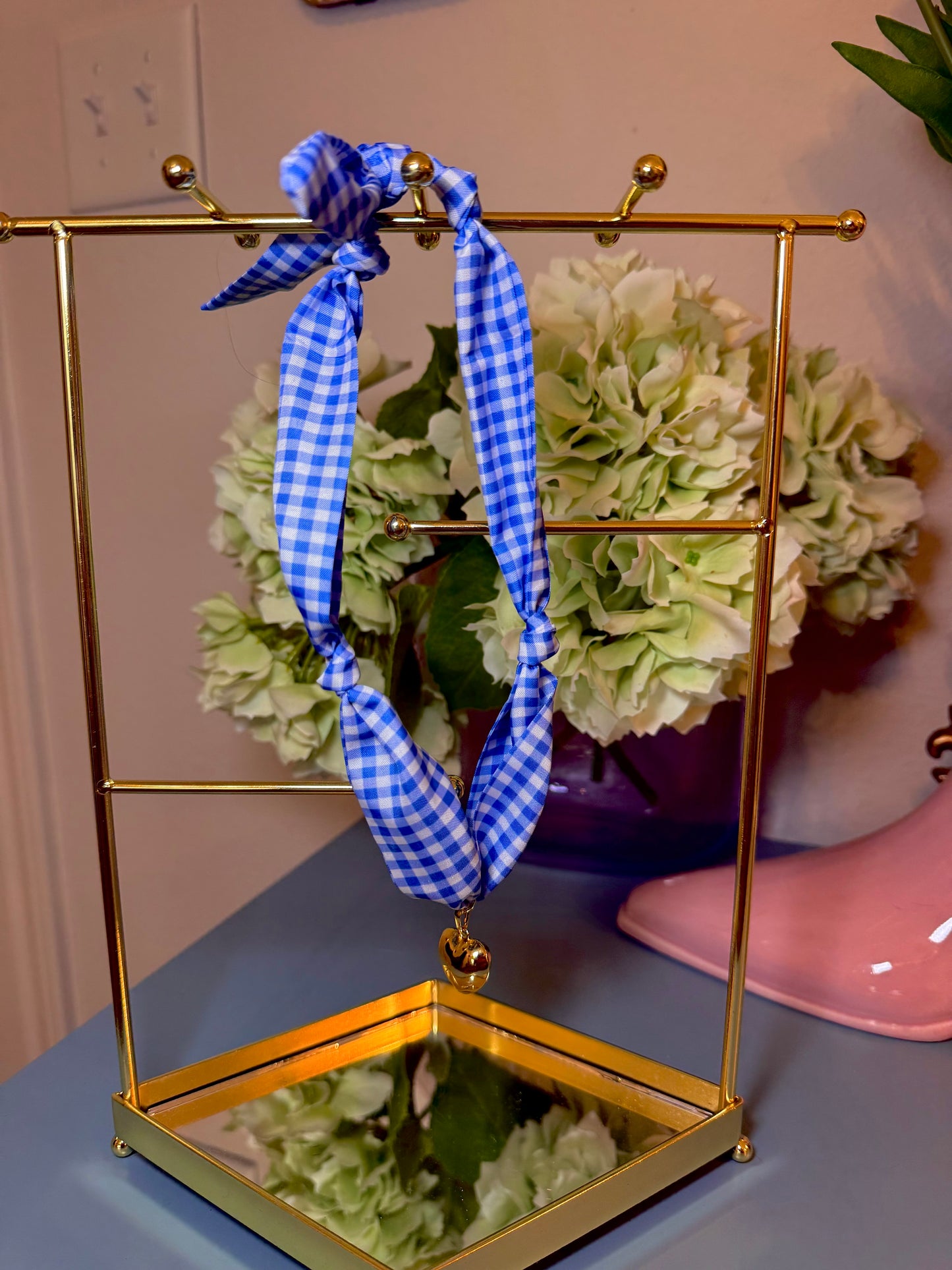 Blue Gingham Solid Heart Scarf Necklace