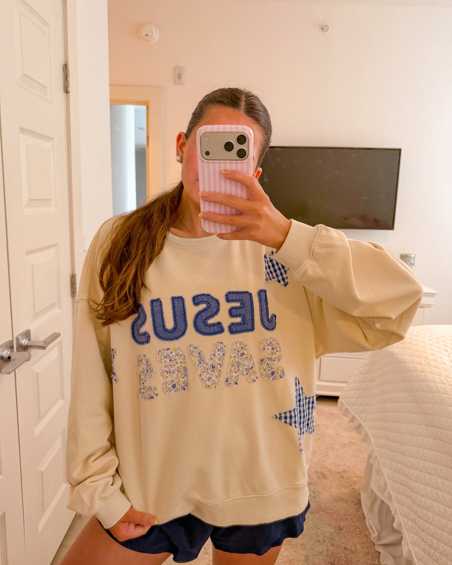 Jesus Saves Ivory Patchwork Crewneck
