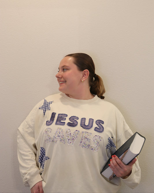 Jesus Saves Patchwork Crewneck