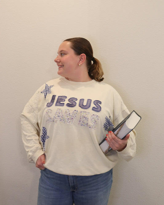 Jesus Saves Patchwork Crewneck