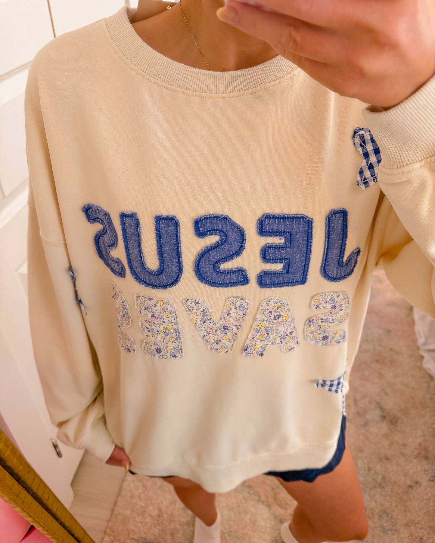Jesus Saves Ivory Patchwork Crewneck