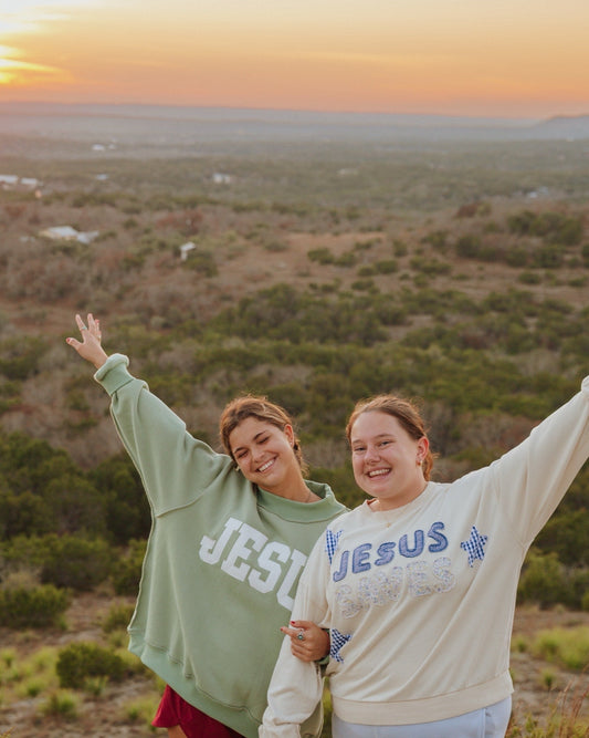 Jesus Saves Ivory Patchwork Crewneck