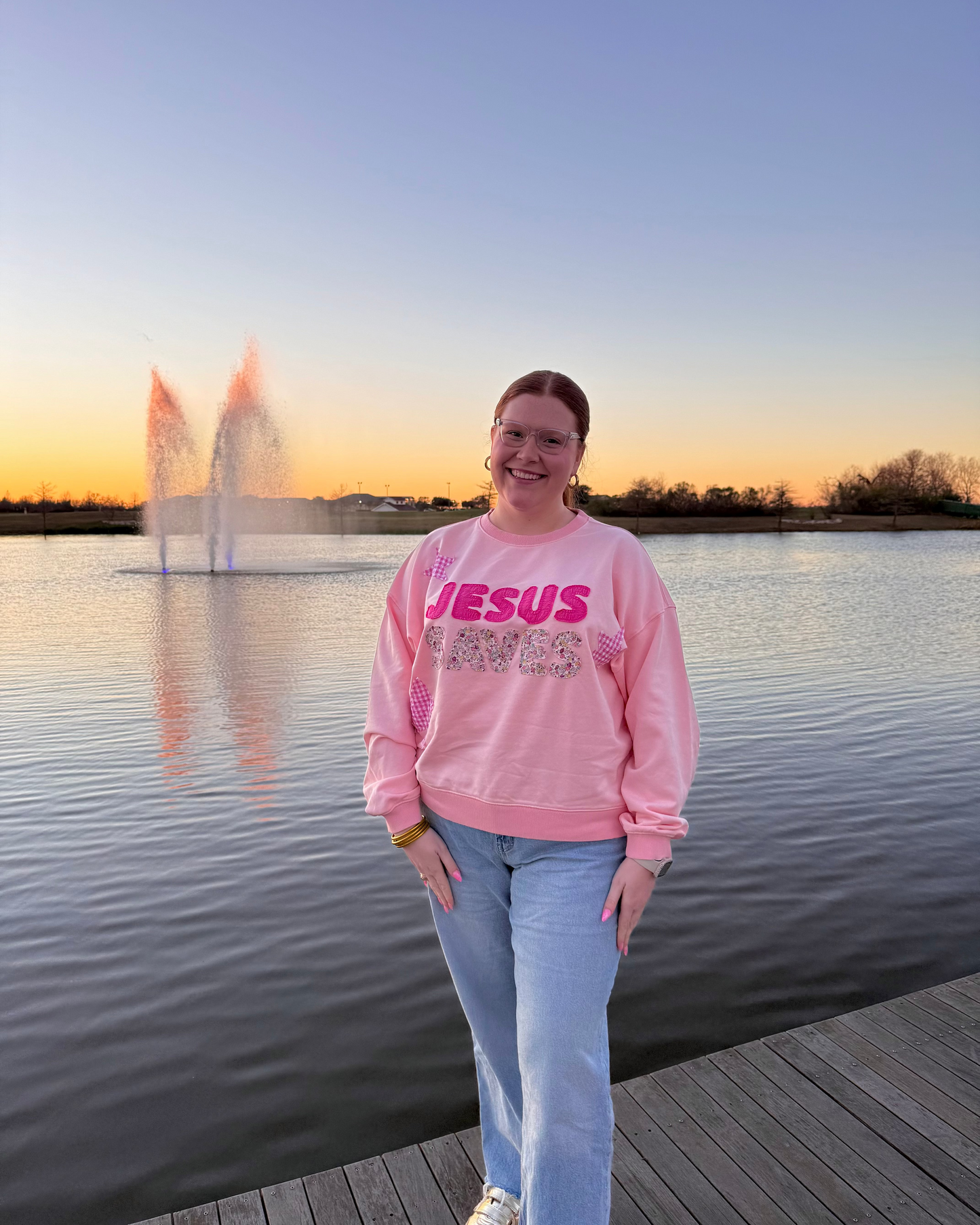 Jesus Saves Pink Patchwork Crewneck