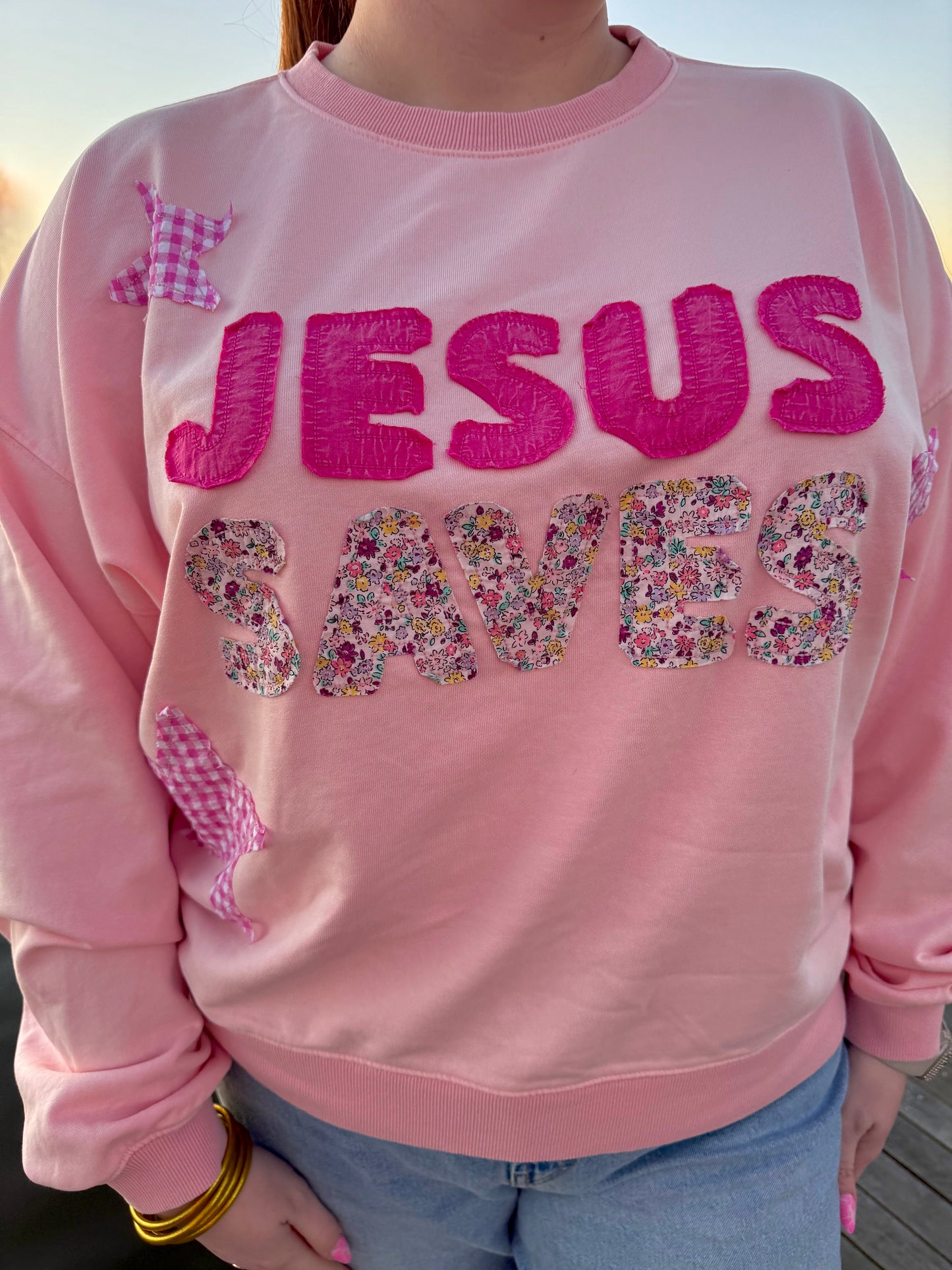 Jesus Saves Pink Patchwork Crewneck