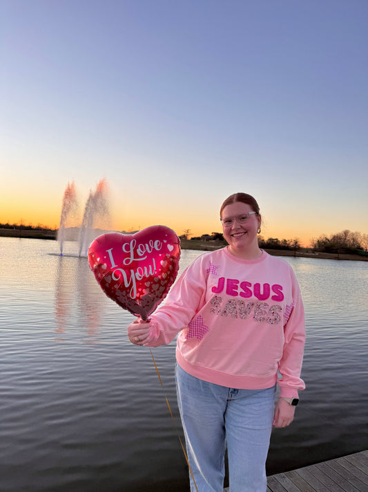Jesus Saves Pink Patchwork Crewneck