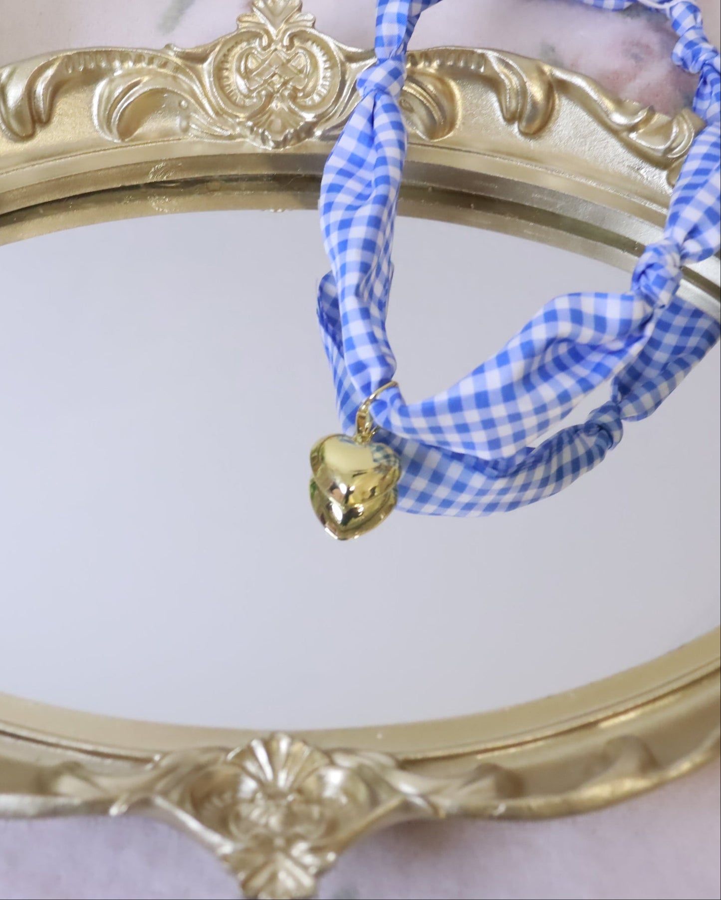 Blue Gingham Solid Heart Scarf Necklace