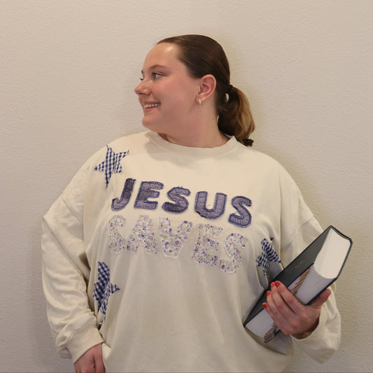 Jesus Saves Patchwork Crewneck