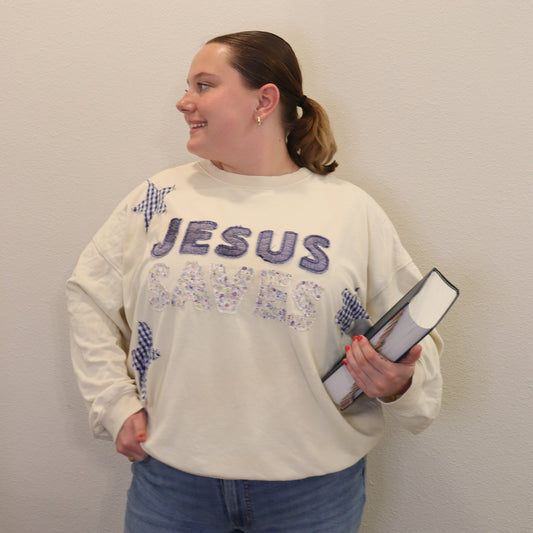 Jesus Saves Patchwork Crewneck