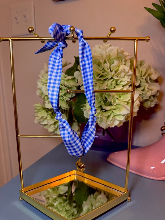 Blue Gingham Solid Heart Scarf Necklace