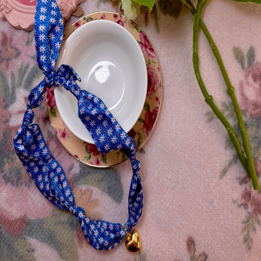 Blue Floral Solid Heart Scarf Necklace