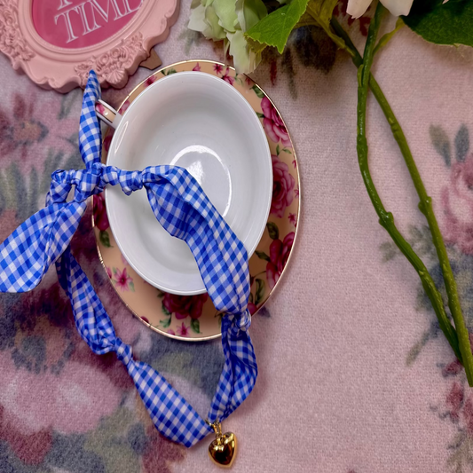 Blue Gingham Solid Heart Scarf Necklace